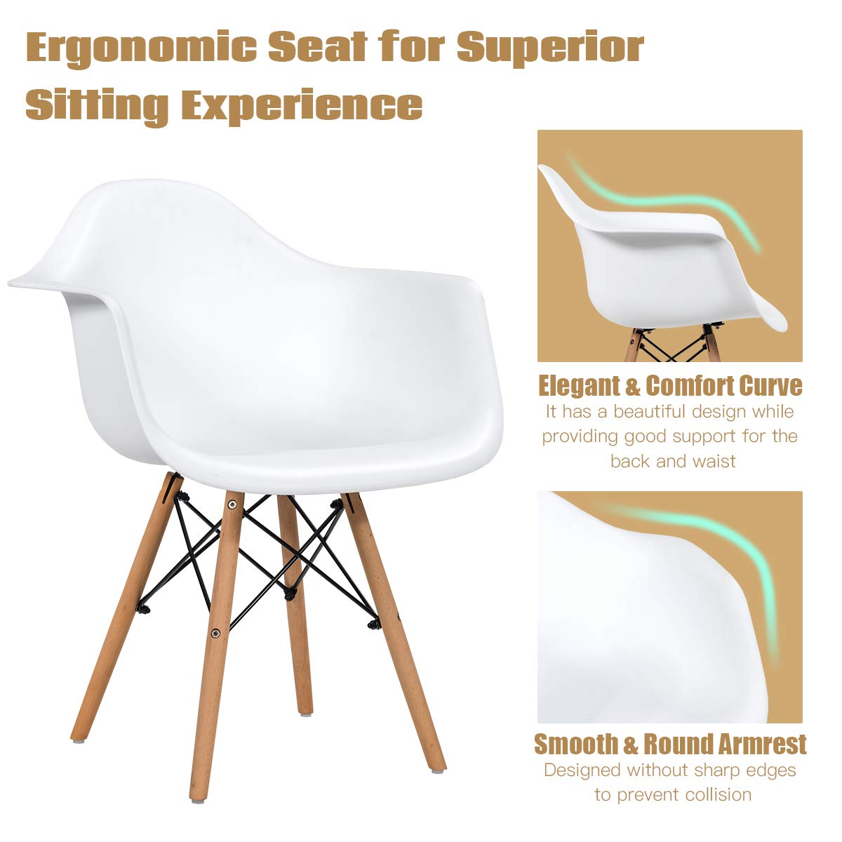 Safstar Mid Century Modern Dinning Chair Set of 2, 2 Pieces DSW Side Chair w/Beech Wood Legs & Curved Seat Supports, Accent Plastic Shell Chair Set for Kitchen, Dining, Bedroom, Living Room (2, White)