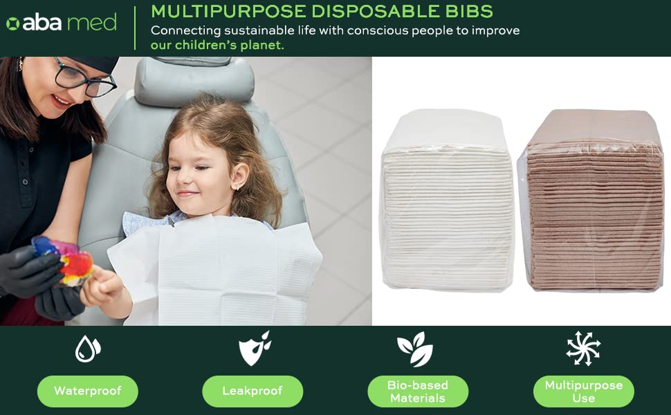 aba Waterproof Biodegradable Compostable Disposable Dental Bibs 50 pcs| Multipurpose 3 ply Patient Bibs | Tattoo | Piercing | Beauty Salon | Clean Dining | 13" x 18" Kraft Sheet
