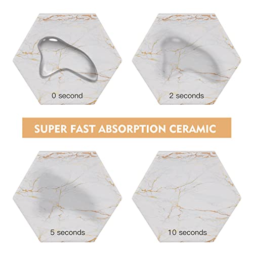 Geichan Coasters for Drinks with Holder, Absorbent Marble Coasters Set of 8, Ceramic White and Gold Coasters for Coffee Table,Housewarming Gift,Tabletop Protection, Home Decor