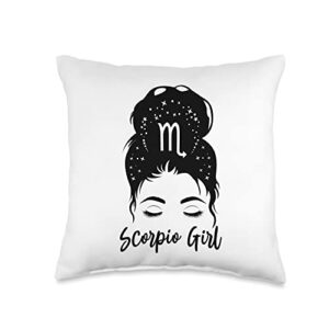scorpio girl zodiac apparel quotes scorpio girl messy bun zodiac symbol woman birthday costume throw pillow, 16x16, multicolor