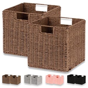 vagusicc wicker baskets, set of 2 hand-woven paper rope foldable cubby storage bins, large wicker storage basket for shelves pantry organizing & decor, brown (11″×11″×11″)