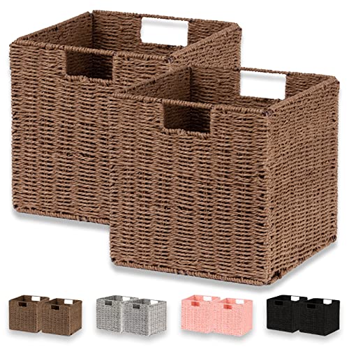 Vagusicc Wicker Baskets, Set of 2 Hand-Woven Paper Rope Foldable Cubby Storage Bins, Large Wicker Storage Basket for Shelves Pantry Organizing & Decor, Brown (11″×11″×11″)