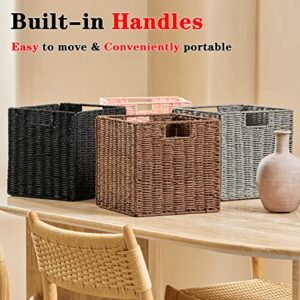 Vagusicc Wicker Baskets, Set of 2 Hand-Woven Paper Rope Foldable Cubby Storage Bins, Large Wicker Storage Basket for Shelves Pantry Organizing & Decor, Brown (11″×11″×11″)