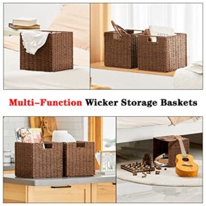 Vagusicc Wicker Baskets, Set of 2 Hand-Woven Paper Rope Foldable Cubby Storage Bins, Large Wicker Storage Basket for Shelves Pantry Organizing & Decor, Brown (11″×11″×11″)