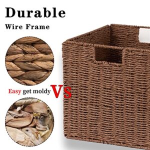 Vagusicc Wicker Baskets, Set of 2 Hand-Woven Paper Rope Foldable Cubby Storage Bins, Large Wicker Storage Basket for Shelves Pantry Organizing & Decor, Brown (11″×11″×11″)