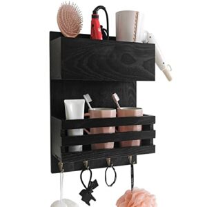 haoypaic wood hair dryer holder wall mount, bathroom hair care and styling tool organizer, farmhouse wood beauty hair appliance holder with shelf for bathroom accessories, makeup, toiletries (black)