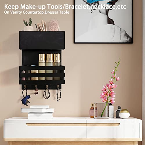 HAOYPAIC Wood Hair Dryer Holder Wall Mount, Bathroom Hair Care and Styling Tool Organizer, Farmhouse Wood Beauty Hair Appliance Holder with Shelf for Bathroom Accessories, Makeup, Toiletries (Black)