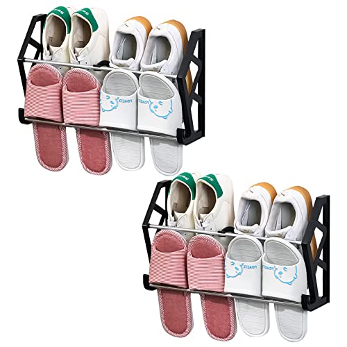 2Pcs Door Shoe Rack, Shoe Rack Organizer Over The Door or On The Wall Hanging Shoe Rack with Hooks for Closet, Entryway, Kitchen (Black)