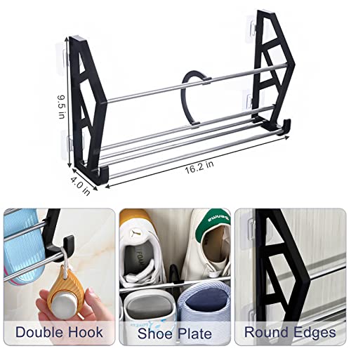 2Pcs Door Shoe Rack, Shoe Rack Organizer Over The Door or On The Wall Hanging Shoe Rack with Hooks for Closet, Entryway, Kitchen (Black)