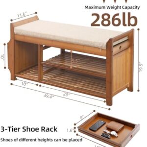 PETKABOO 2 Tier Shoe Bench, Shoe Rack with Hidden Drawer and Side Holder, Shoe Storage Bench Organizer for Entryway Hallway Living Room, Bamboo Material