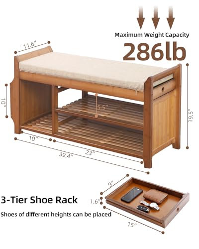 PETKABOO 2 Tier Shoe Bench, Shoe Rack with Hidden Drawer and Side Holder, Shoe Storage Bench Organizer for Entryway Hallway Living Room, Bamboo Material