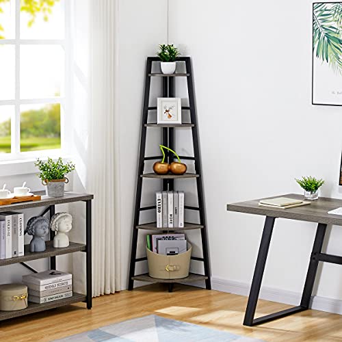 BON AUGURE Rustic Tall Corner Bookshelf, 5 Tier Wood and Black Metal Corner Ladder Shelf, Industrial Corner Bookcase and Gray Corner Shelf for Living Room, Bathroom, Kitchen (Dark Gray Oak)