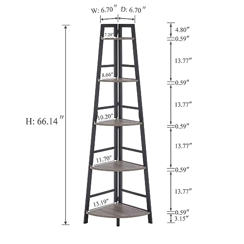 BON AUGURE Rustic Tall Corner Bookshelf, 5 Tier Wood and Black Metal Corner Ladder Shelf, Industrial Corner Bookcase and Gray Corner Shelf for Living Room, Bathroom, Kitchen (Dark Gray Oak)