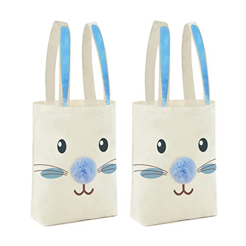 ATFUNSHOP 2 Pcs Easter Canvas Tote Bag for Kids Reusable Large Easter Bunny Bags Baskets for Easter Egg Hunt Baby Shower Birthday Party Supplies (Blue)