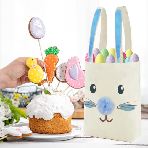 ATFUNSHOP 2 Pcs Easter Canvas Tote Bag for Kids Reusable Large Easter Bunny Bags Baskets for Easter Egg Hunt Baby Shower Birthday Party Supplies (Blue)