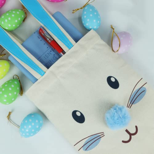 ATFUNSHOP 2 Pcs Easter Canvas Tote Bag for Kids Reusable Large Easter Bunny Bags Baskets for Easter Egg Hunt Baby Shower Birthday Party Supplies (Blue)