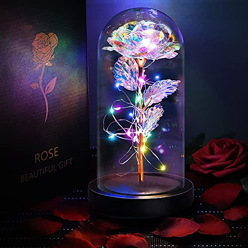 BLOCE Mom Gifts for Mothers Day Rose, Galaxy Rose in Glass with LED Light, Colorful Rose Flower Gift for Mother's Day, Valentine's Day Wedding Anniversary（10.2X5.5X5.5inch）(Black)