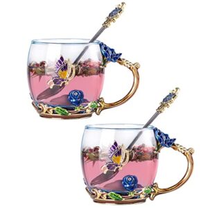 sheeyee glass coffee mugs with spoon, enamel butterfly rose flower tea cups with decorative handle tea sets for women gift 11 oz.(2 sets)