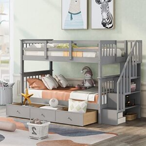 meritline twin bunk bed with storage drawer, wood twin over twin bunk beds with stairs, low bunk beds frame for teens boys girl(grey)