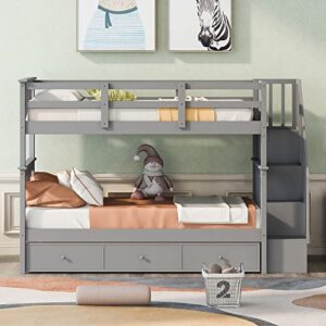 MERITLINE Twin Bunk Bed with Storage Drawer, Wood Twin Over Twin Bunk Beds with Stairs, Low Bunk Beds Frame for Teens Boys Girl(Grey)