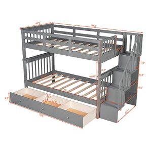 MERITLINE Twin Bunk Bed with Storage Drawer, Wood Twin Over Twin Bunk Beds with Stairs, Low Bunk Beds Frame for Teens Boys Girl(Grey)