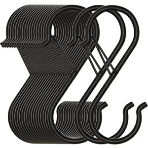 mzekgxm 20 pack s hooks for hanging, heavy duty safety buckle design black s shaped hooks for hanging kitchenware, pots, pans, cups, plants, clothes, towels in kitchen, bathroom, closet, garden