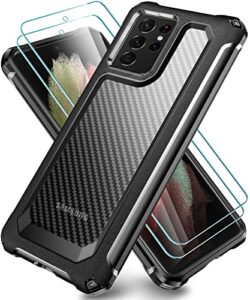 supbec samsung galaxy s21 ultra case, carbon fiber shockproof protective cover with screen protector [x2] [military grade protection] [anti scratch], phone case for samsung s21 ultra 5g, 6.8", black