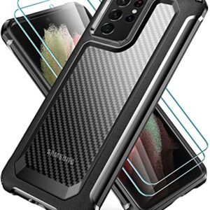 SUPBEC Samsung Galaxy S21 Ultra Case, Carbon Fiber Shockproof Protective Cover with Screen Protector [x2] [Military Grade Protection] [Anti Scratch], Phone Case for Samsung S21 Ultra 5G, 6.8", Black