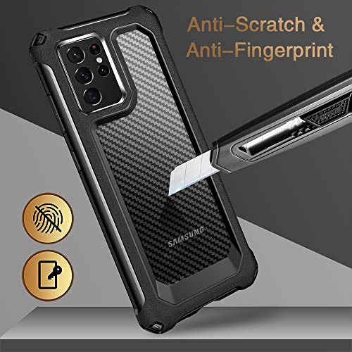 SUPBEC Samsung Galaxy S21 Ultra Case, Carbon Fiber Shockproof Protective Cover with Screen Protector [x2] [Military Grade Protection] [Anti Scratch], Phone Case for Samsung S21 Ultra 5G, 6.8", Black