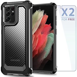SUPBEC Samsung Galaxy S21 Ultra Case, Carbon Fiber Shockproof Protective Cover with Screen Protector [x2] [Military Grade Protection] [Anti Scratch], Phone Case for Samsung S21 Ultra 5G, 6.8", Black