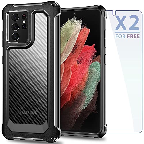 SUPBEC Samsung Galaxy S21 Ultra Case, Carbon Fiber Shockproof Protective Cover with Screen Protector [x2] [Military Grade Protection] [Anti Scratch], Phone Case for Samsung S21 Ultra 5G, 6.8", Black