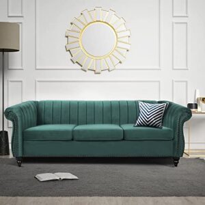 miyzeal modern 3 seater tufted couch, velvet chersterfield sofa with channel back, roll arm classic settee upholstered couch for living room office (green)