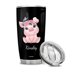 Wassmin Personalized Pig Tumbler Cup With Lid 20 oz 30 oz Custom Name Stainless Steel Double Wall Vacuum Tumblers Coffee Travel Mug Birthday Christmas Gifts For Women Girls Kids Animal Lovers