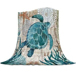 heart pain soft flannel fleece blanket sea turtle breathable throw blanket sea life nautical blue cozy blanket for couch sofa bed living room suitable for all season - 40x50 inch