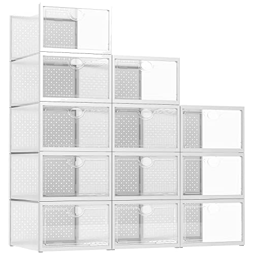 Pinkpum 4 Pack-Drawer Shelf Storage Container for Wardrobe +12 Pack Large Clear Plastic Shoe Storage Foldable Sneaker Storage Fit for Size 12