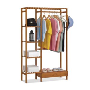 monibloom bamboo freestanding closet organizer with pants scarves racks and a hanging rob, extra 5 clothing storage shelving for bedroom living room, brown