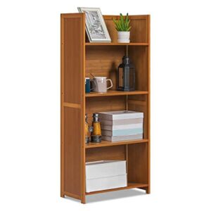 monibloom 4 tier bookshelf, bamboo display shelves bookcase storage book shelves organizer freestanding for living room bedroom office décor, brown