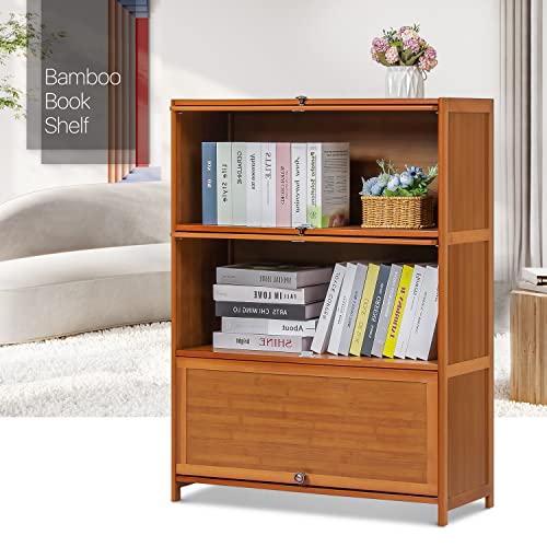 MoNiBloom 3 Tier Bookcase, Bamboo Free Standing Book Shelf Organizer Storage with Flip Doors for Home, Balcony, Hallway, Office, Bedroom, Brown