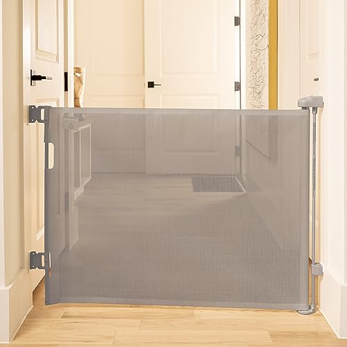 Cumbor Baby Gate Retractable Gates for Stairs, Mesh Dog Gate for The House, Wide Pet Gate 33" Tall, Extends to 55" Wide, Long Child Safety Gates for Doorways, Hallways, Cat Gate Indoor/Outdoor(Gray)