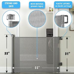 Cumbor Baby Gate Retractable Gates for Stairs, Mesh Dog Gate for The House, Wide Pet Gate 33" Tall, Extends to 55" Wide, Long Child Safety Gates for Doorways, Hallways, Cat Gate Indoor/Outdoor(Gray)