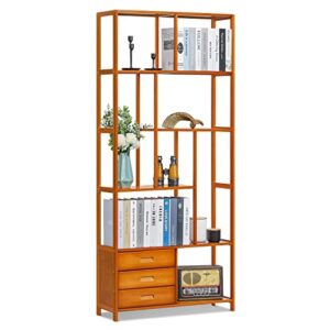 monibloom 4 tier bookcase with 3 drawers, bamboo freestanding ventilated display shelf storage organizer cabinet for bedroom living room office décor, brown