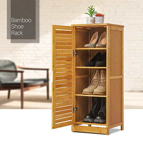 MoNiBloom 4 Tier Storage Cabinet Free Standing with Shutter Door, Bamboo Shoes Organizer Rack for 6-10 Pairs Bedroom Entryway Hallway, Natural