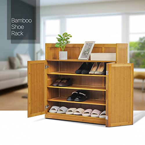 MoNiBloom 4 Tier Shoe Cabinet, Bamboo Free Standing Shoe Shelf Oragnizer Storage with Doors & High Baffle for 16-20 Pairs Home Entryway Hallway Office Bedroom, Brown