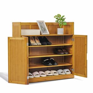 monibloom 4 tier shoe cabinet, bamboo free standing shoe shelf oragnizer storage with doors & high baffle for 16-20 pairs home entryway hallway office bedroom, brown
