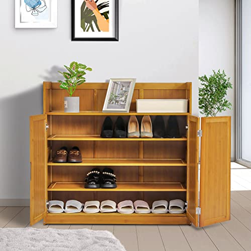 MoNiBloom 4 Tier Shoe Cabinet, Bamboo Free Standing Shoe Shelf Oragnizer Storage with Doors & High Baffle for 16-20 Pairs Home Entryway Hallway Office Bedroom, Brown