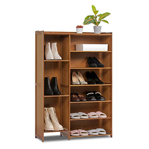 MoNiBloom Shoe Storage Cabinet with Boots Compartment, Bamboo Free Standing 7 Tier Shoe Rack for 21-25 Pairs Bedroom Entryway Hallway Living Room, Brown