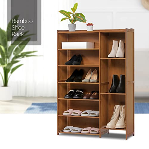 MoNiBloom Shoe Storage Cabinet with Boots Compartment, Bamboo Free Standing 7 Tier Shoe Rack for 21-25 Pairs Bedroom Entryway Hallway Living Room, Brown