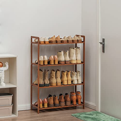 MoNiBloom Shoe Rack Organizer for Entryway, Bamboo 4-Tier Adjustable Boots Shoe Shelf Organizer with Handles for Hallway Bedroom Living Room, Brown