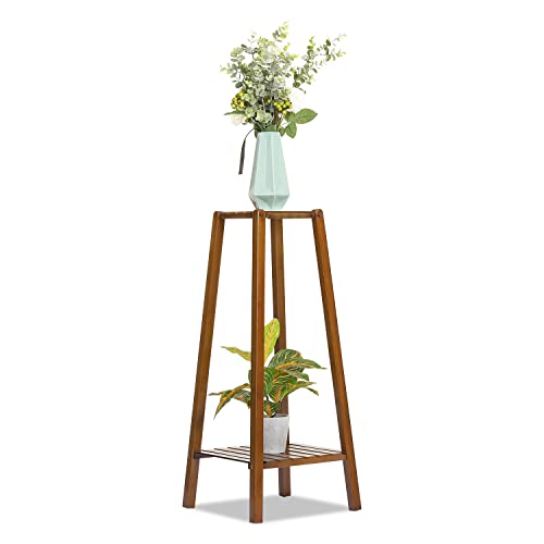 MoNiBloom Bamboo 2-Tier Tall Plant Stand Pot Vase Holder Flower Seasoning Display Shelf Rack Small Space for Patio Garden Balcony Yard Living Room, Brown