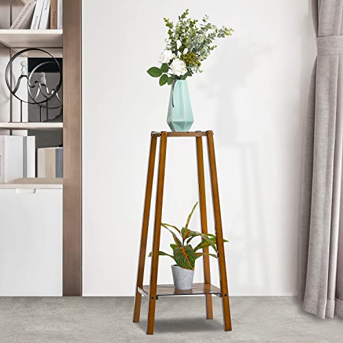 MoNiBloom Bamboo 2-Tier Tall Plant Stand Pot Vase Holder Flower Seasoning Display Shelf Rack Small Space for Patio Garden Balcony Yard Living Room, Brown